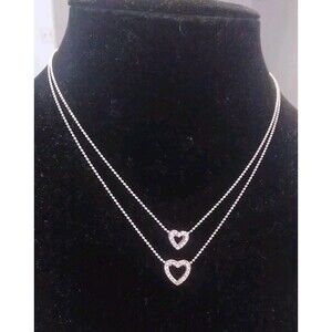 Avon Vintage Necklace Double Strand Heart Silvertone  Rhinestones Extender